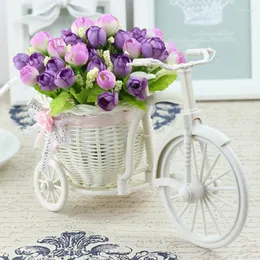Decorative Flowers Bike Design Basket Rattan Tricycle Flower Vase Storage Garden Wedding Party Decoration Bedroom Artificial