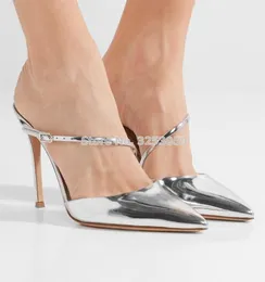 Dress Shoes ALMUDENA Ladies Silver Patent Leather Pointed Toe Pumps Thin High Heels Buckle Strappy Slippers Nice Evening Party