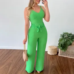 Women's Two Piece Pants Women Summer Home Commuting Solid Color Sleeveless Camisole T-shirt With Elastic Waist Straight Sweet Suit