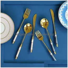 Dinnerware Sets Kitchen Goldplated Cutlery Set Dessert Forks Knives Spoons Elegant Design Ceramic For Home Restaurant Canteen 220228 Dhu9D