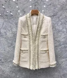 2023 Koreanische Modejacken Neue Frauen V-Ausschnitt mit mittlerer langer Tweed-Woll-Blazer-Anzug Casacos Plus Smlxlxxl