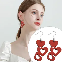 Hoop Earrings Valentine's Day Red Hollowed Out Hearts Strung Together Double Sided Wooden To Wear Decorative Girls' Gifts
