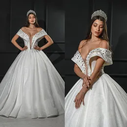 Glamorous Ball Gown Wedding Dresses V-Neck Off the Shoulder Beaded Pearl Sequins on Cloth Backless Pleats Design Floor Length Custom Made Plus Side Vestidos De Novia