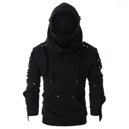 Herrtröjor Style Men's Dark Black Sweater Vintage Mask Rivet Lång ärm Huven 2023 Fashionabla Gothic