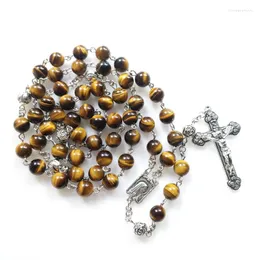 Pendant Necklaces Vintage Brown Tigger Eyes Stone Rosary Necklace Metal Cross Long Religious