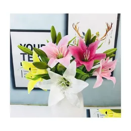 Decorative Flowers Wreaths 5Pc Sile Artificial Flower 3 Heads Lily Bud With Long Rod Bouquet For Wedding Home Party El Drop Delive Dhc5F