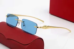 Nya modemän designer solglasögon reflektion spegel solglasögon kvinnliga ramlösa blå svarta solglasögon för kvinnor guldramar panther huvud bra
