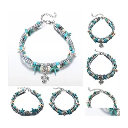 Anklets Bohemian Turquoise Bracelets 레트로 코끼리 거북이 불가사리 생명 올빼미 하트 여자 해변 발 사슬 레이디 드로 드 dhyo8