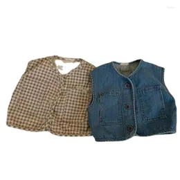 Giacche 2023 Moda Bambino Giacca senza maniche Ragazzi Ragazze Vestiti Casual Gilet di jeans Cappotto Cardigan per bambini Gilet di velluto a coste scozzese per bambini