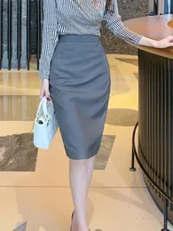 Skirts Women's Skirt 2023 Spring Midi Grey Solid High Waist Wrap Hip Slit Shirt Korean Style Formal OL Office Bussiness Female ClothesSk
