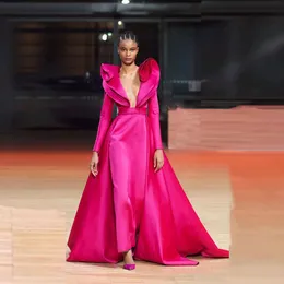 Fuchsiafarbene Etui-Abendkleider mit abnehmbarer Schleppe, Promi-Kleider, transparenter Ausschnitt, lange Ärmel, Vestidos de Novia Gala 2023