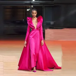 Abiti da sera a tubino fucsia con strascico staccabile Abiti celebrità Collo trasparente Manica lunga abiti da sposa gala 2023