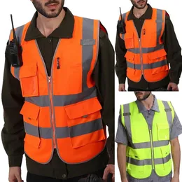 Men's Vests High Visibility Zipper Vest Front Lightweight Safety Reflective Strips Top Protection Cloth Fluorescent Work Jacket