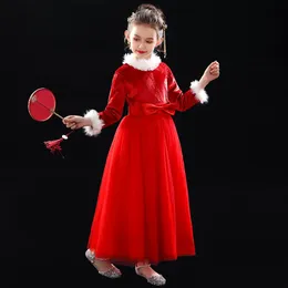 Ethnic Clothing Children's Dress Princess Long-sleeved Fur Collar Girl's Fluffy Yarn Chinese Red Evening Piano Performance Clot