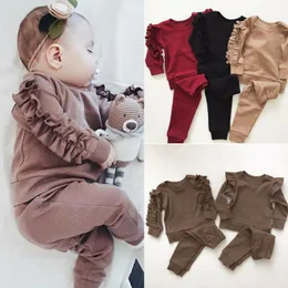 Kläduppsättningar födda Baby Boys Girls Ruffles Jumper Solid Long Sleeve Sweatshirt Topps Pants Spädbarn barn 2 st.