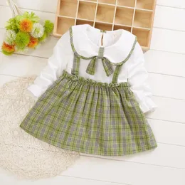 Girl Dresses Toddler Baby Kids Girls Doll Collar Bow Plaid Patchwork Dress Casual Clothes Knit T Shirt Floral For