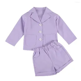 Zestawy odzieży 2023 1-6Y moda Dzieci Baby dziewczyna jesienna fiolet 2PCS Solidny kolor Button Button Suit Płaszcz