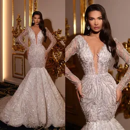 Elegant sjöjungfru bröllopsklänningar djupt v-hals lång ärm med sökande rygglösa paljetter fisk svans domstol klänning smal anpassad plus size vestidos de novia