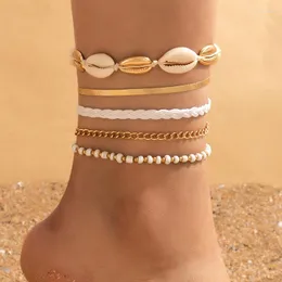 Anklets Bohemian Beach Beads Shell Woven Rope Chain For Women Fashion Gold Color Multi-layer Ankle Bracelets Barefoot Jewelry