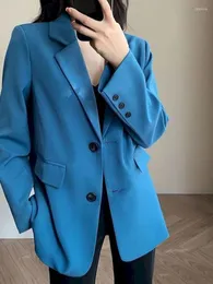 Ternos femininos Mulher Blazers Jackets Blue Sashes entalhados de babados de manga longa Única estilo casual de estilo casual 2023 Jaqueta de primavera Mulheres