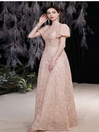 Glitter Champagne Sequins Evening Dress Sweetheart A Line Short Puff Sleeve 2023 New Formal Party Pageant Prom Celebrity Gowns