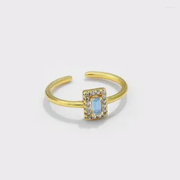 Anillos de racimo Auténtica plata de ley S925 Joyería FINA Clear CZ Square Sky Blue Sapphire Gems Ring Resiable Wedding C-K769