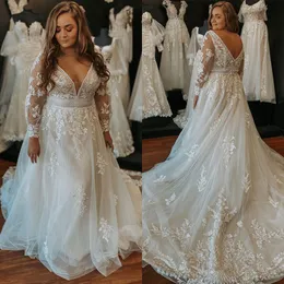 Plus Size Princess A-Line Wedding Dresses with Long Sleeve 2023 Lace Applique Floral Cathedral Train County Boho Bridal Gowns Vestidos de novia