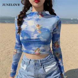 Bluzki damskie koszule Junelove Angel Print Sheer Blue Black Mesh Bluzka Długie rękawie Kobiety Spring Summer Pullover Eleganckie Sexy See Through Tops 230106