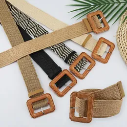 Bälten Böhmen Elastisk bälte Bälte Kvinnstrand PP Gräs Stickande bred midja Square Buckle Weave Fake Straw Flätad