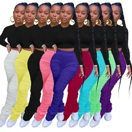 2023 Nya designerbyxor Kvinnor Solid Slim Fit Pants Temperament Pleated Micro Horn Sports Long Leggings 9 Colors S-XXXL