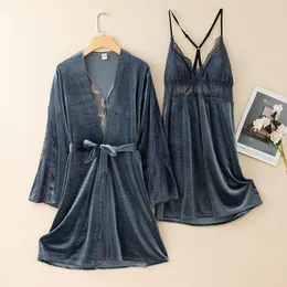 ملابس نوم للسيدات Velor Twinset Suit Women v-neck lace Lightgown 2pcs sleep sleep set antumn velvet kimono bathrobe lountwear