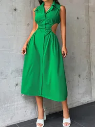 Casual Dresses Women Green Shirt Dress 2023 Summer hackad lapeal klippt ut midjan a-line midi single knapp street klubb slitage