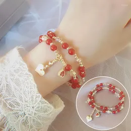 Link Bracelets Double Circle Natural Red Agate/Strawberry Quartz/Garnet/Rutilated Quartz Women Bracelet Crystal Beaded Female