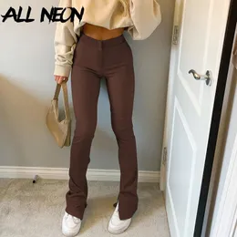 Kvinnor Pants Capris Allneon 90s Estetik Hög midja brun flare vintage zip upp mager långa byxor indie slits casual streetwear