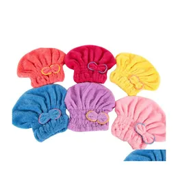 Handduk Coral Fleece Bath Hat Magic Hair Dry Torking Turban Wrap Water Absorption Snabbmössa Söt Båge Make Up DBC Drop Delivery Home Gar Dhugk