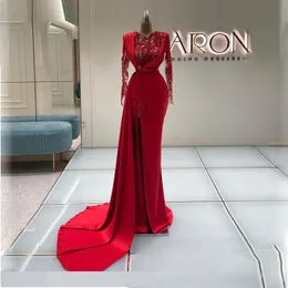 Red Appliqued Mermaid Prom Dresses Sheer Jewel Neckline Beaded Evening Gowns Long Sleeves Sweep Train Satin Side Split Formal Dress