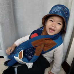 Clothing Sets Cartoon Inn Original Design Children s Bucket Hat and Scarf with Rabbit are made of Hand made Blue Cloth Embroidery 230106
