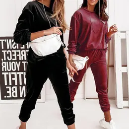 Frauen Zweiteilige Hosen 2023 Frauen Solide Oansatz Langarm Volle Hose Homewear Anzüge Frühling Herbst Samt Casual Tasche Damen Sets lose Lo