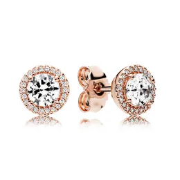 Rose Gold Round Sparkle Halo Stud Earrings for Pandora Authentic Sterling Silver Hip Hop Party Jewelry For Women Men Girlfriend Gift Earring Set with Original Box