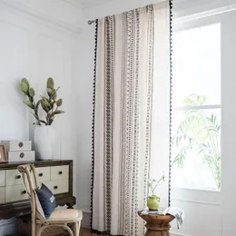 Gardin vit svart bohemiska gardiner med tofs rustikt vardagsrum sovrum f￶nster f￤rdig linne semi-￶verf￶ring k￶k