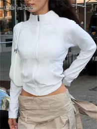 Kvinnorjackor CuteandPsycho Fashion Harajuku Coats Streetwear Joggers Zipper Solid White Y2K Eesthetic 90s Korean Outfits 230105