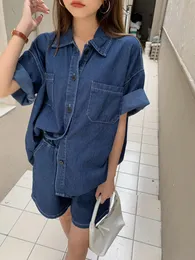 Women's Two Piece Pants Summer Women Set Casual Shorts and Blouses Fashion Two-piece Sets Matching Outfits Loose Denim Ensemble Femme 230106