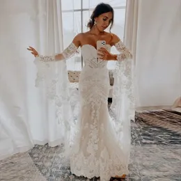 Boho beach Mermaid Wedding Dresses 2023 retro crochet Lace Appliques Detachable Sleeves Bohemian Bridal Gowns Vestido Novia Sirena