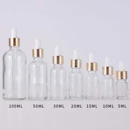 30ml 20ml 15ml 프로스트 맑은 드롭퍼 포장 병 빈 5-100ml 에센셜 오일 유리 병 골드 슬리버 블랙 캡 도매 100pcs와 혈청