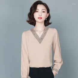 Blusas femininas camisas blush mulheres outono 2023 Moda Office Lady Korea Manga longa Seda de seda solta Blusas Blusas Tops femininos e