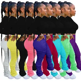 Designer Pants Womens Solid Slim Fit Pants Temperament Pleated Micro Horn Sport Long Leggings 9 Colors S-XXXL