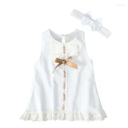 Kız Elbiseler Pudcoco Bebek Yaz Giyim Bebek Doğdu Dantel Elbise Kolsuz Bowknot Rib Sundress Katı Beyaz Elbise Baş Bandı 0-24m