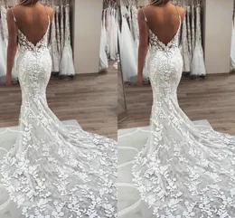 Expensive Floral Lace Wedding Dresses Mermaid Style 2023 Deep V-neck Spaghetti Beaded Strapls Sexy V Open Back Formal Bridal Party233o