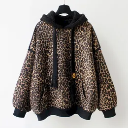 Kvinnors hoodies tröjor mode kvinnor leopard lamm ull huva kappa vår höst trendig plysch baseball kostym koreansk lös förtjockar hoodie 230105