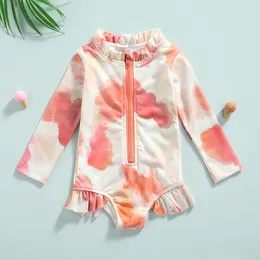 s Toddler Baby Girls Summer Tie dye Printing Swimsuit Lovely Infant Beachwear Ruffles Long Sleeve Swimwear Children Clothes 230106